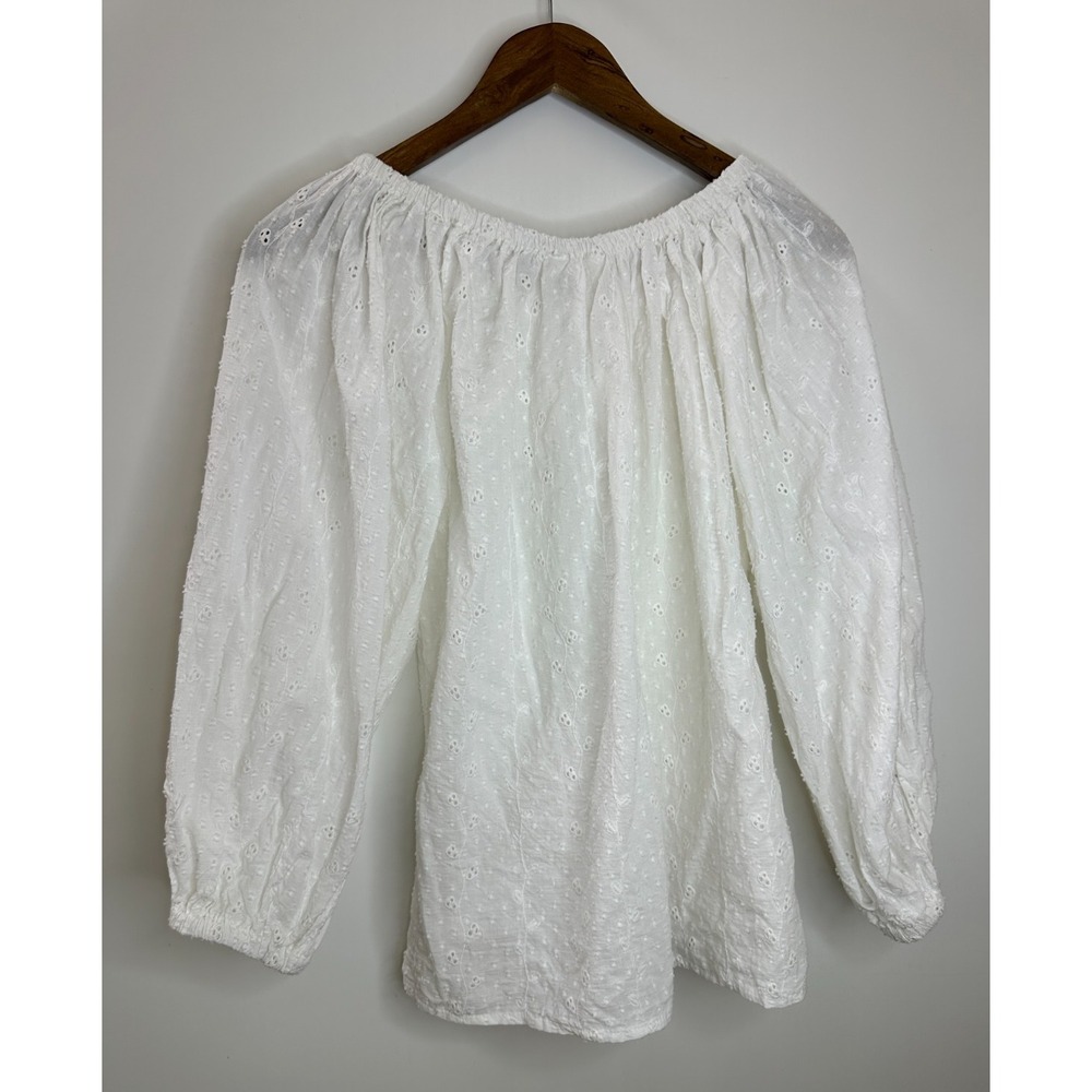 New Joie White Eyelet Cotton Blouse Size Large Top Boho Peasant Cottagecore - Picture 10 of 11
